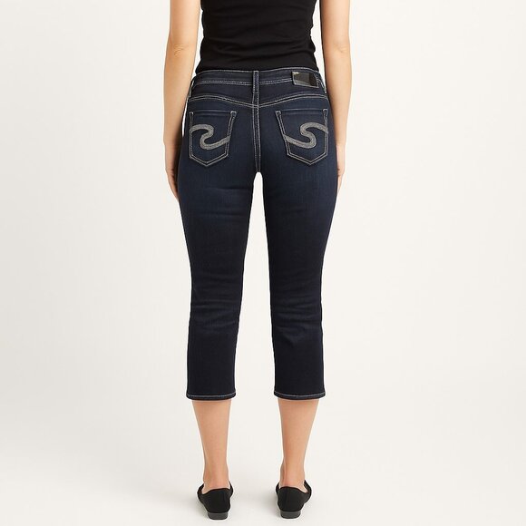 Silver Suki Dark Wash High Rise Top Stitched Cropped Denim Capri Jeans Womens 29 - Picture 1 of 16